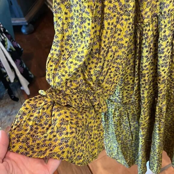 Easel Green Tea Square Neck Printed Rayon Challie Tiered Ruffle Pleated Dress, S - Picture 5 of 9